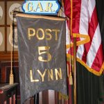 Banner that says "Post 5 Lynn" inside Lynn's GAR Hall