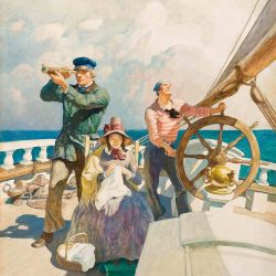 Painting by N. C. Wyeth with two sailors and a woman sewing
