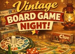 Advertisement for Vintage Board Game Night featuring well-known board games